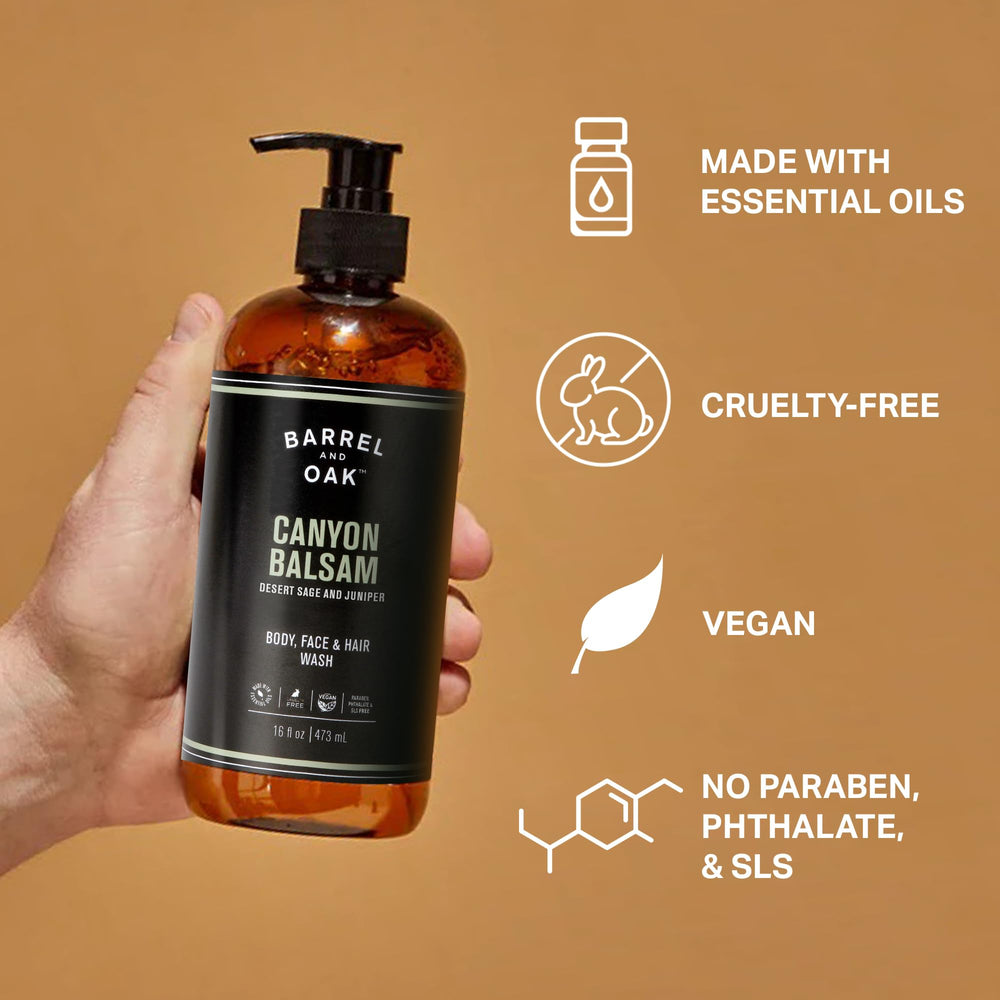 Barrel & Oak all-in-one wash ingredients birch and vitamin B5 for gentle hydration.