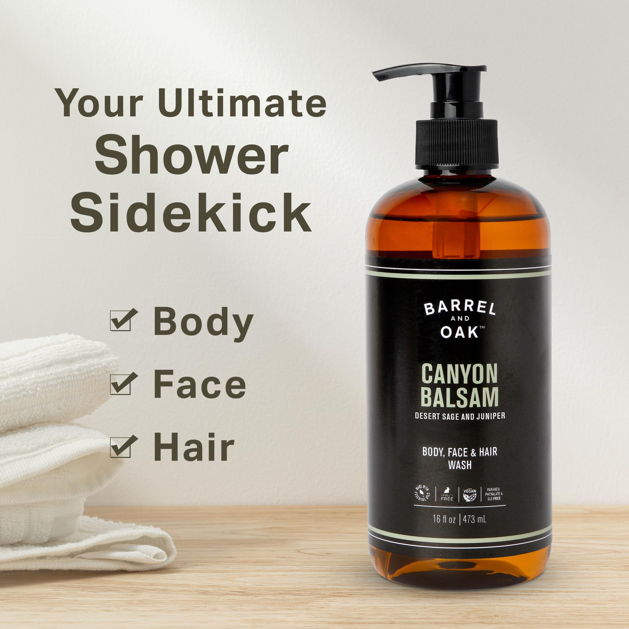 Barrel & Oak all-in-one wash packaging close-up highlighting vegan formula for daily use.
