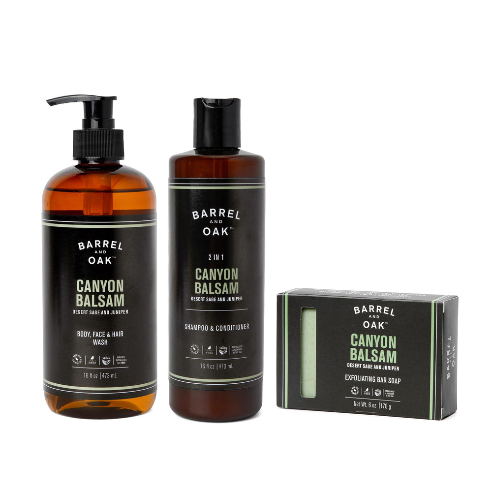 Barrel & Oak Canyon Balsam all-in-one body wash bottle for a refreshed cleanse.