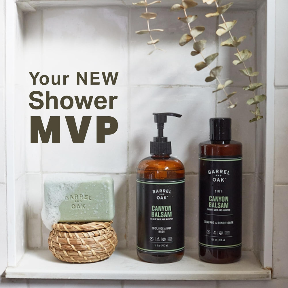 Barrel & Oak Canyon Balsam exfoliating soap bar with kaolin clay for smoother skin.