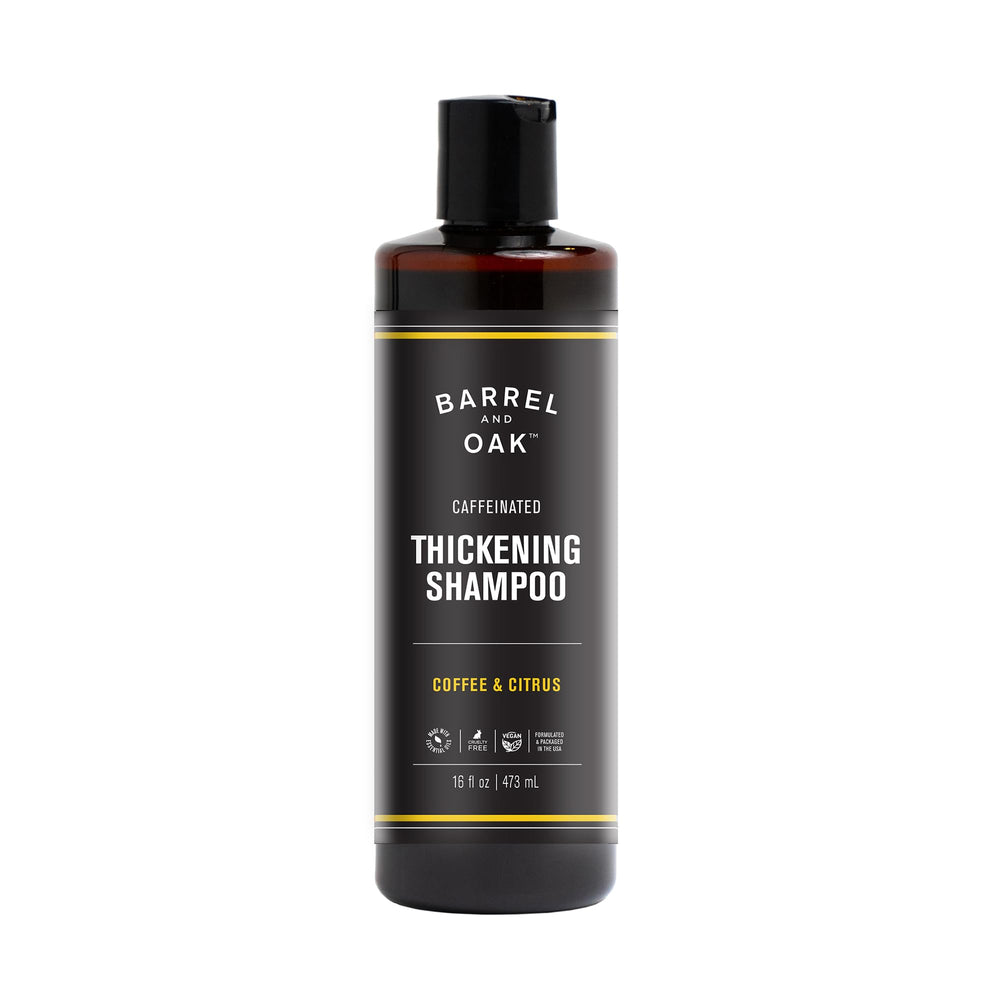 Barrel & Oak Coffee & Citrus Shampoo bottle pour, ideal for daily energizing cleanse.