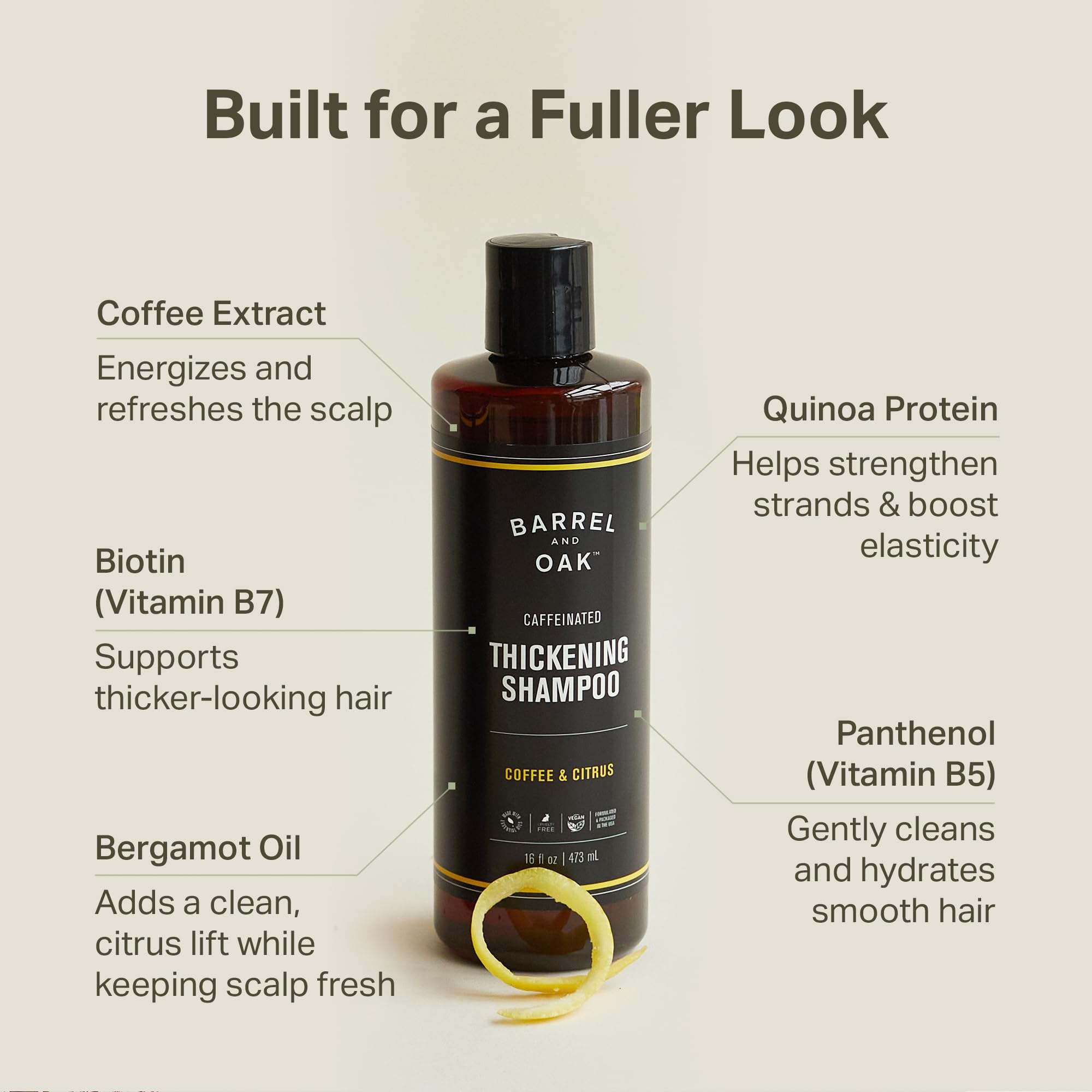 Barrel & Oak Coffee & Citrus Shampoo label close-up with bergamot scent highlight.