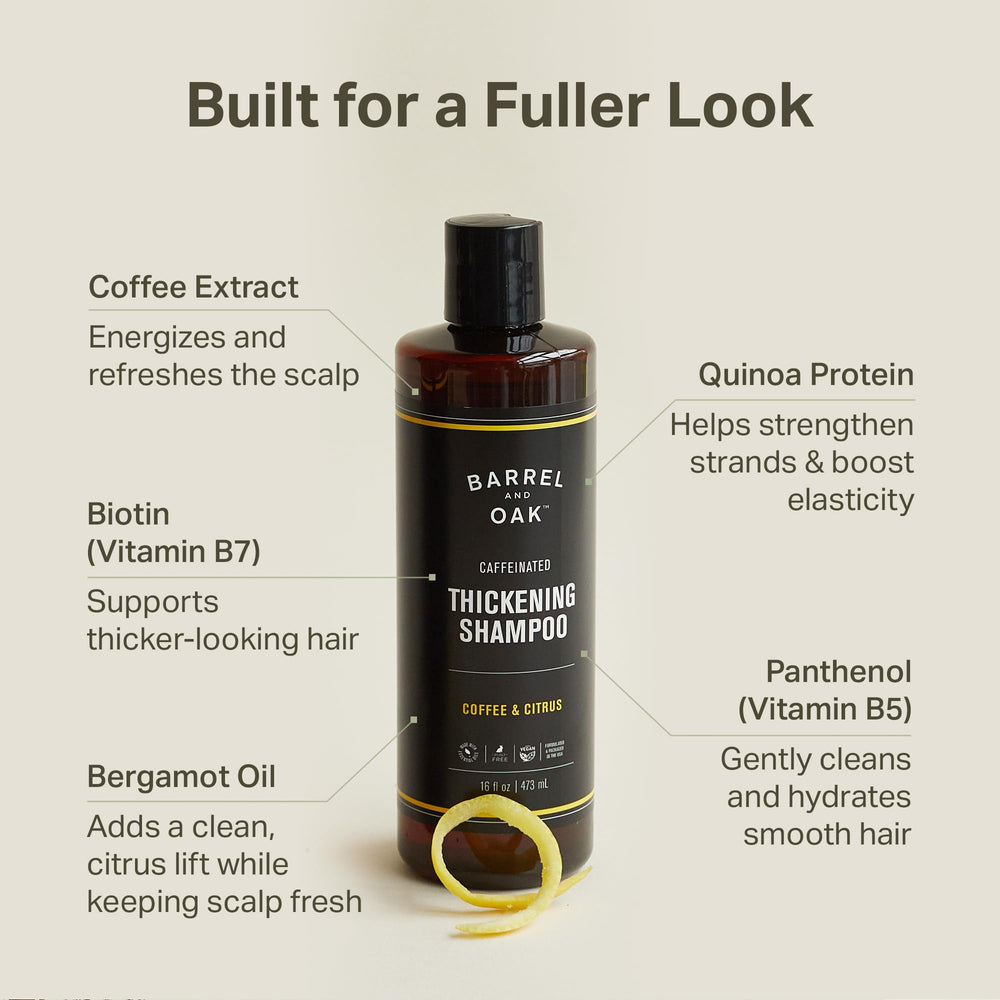 Barrel & Oak Coffee & Citrus Shampoo label close-up with bergamot scent highlight.