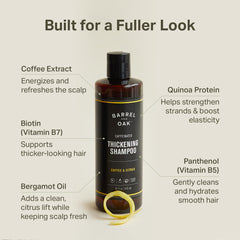 Barrel & Oak Coffee & Citrus Shampoo label close-up with bergamot scent highlight.