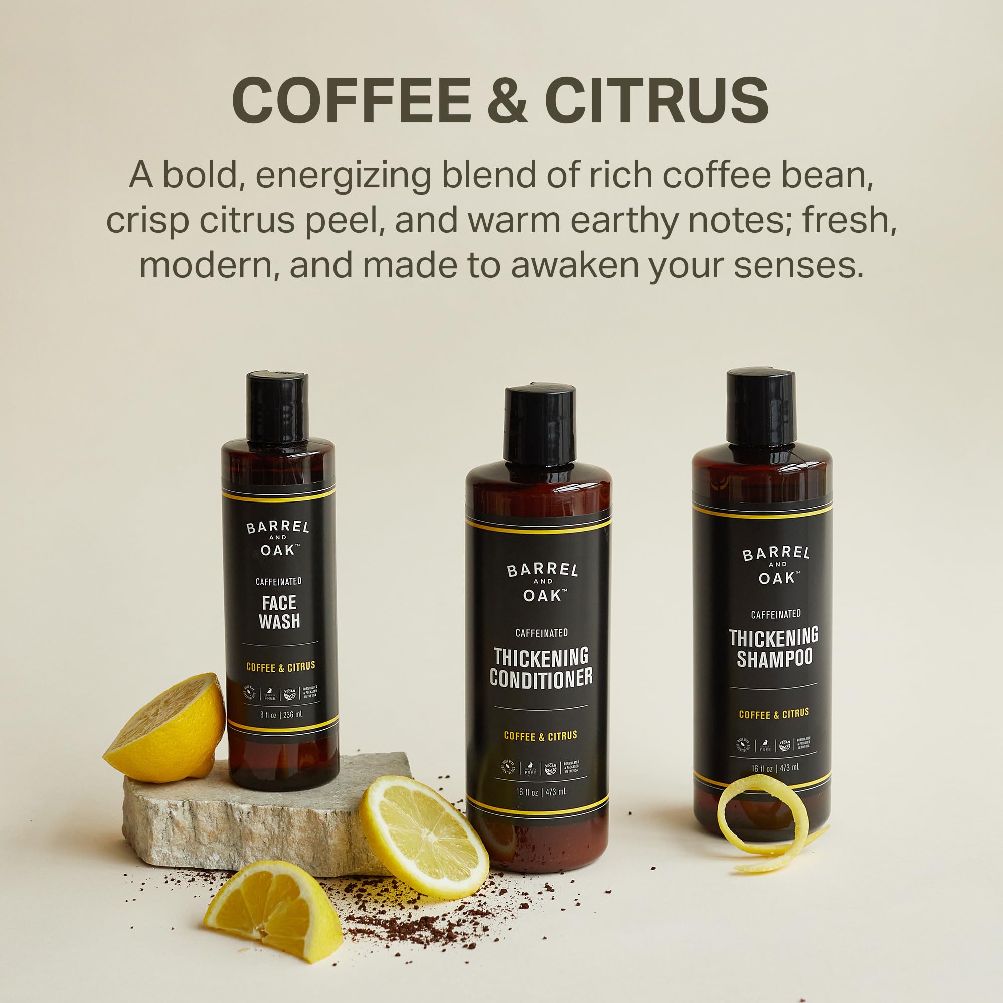 Barrel & Oak Coffee & Citrus Shampoo caffeine cue on shelf suggesting quick scalp refresh.