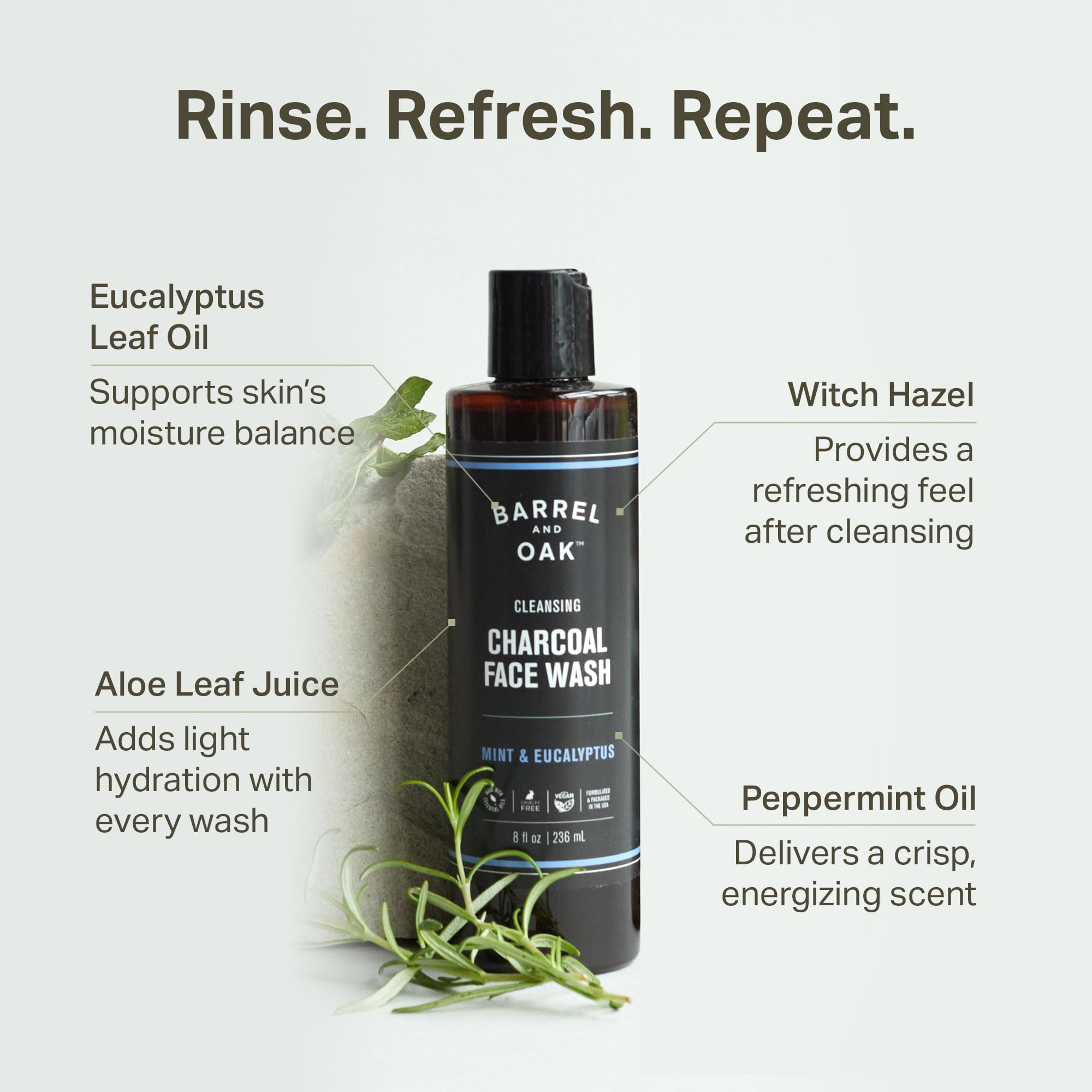 Barrel & Oak daily shower routine scene with mint and charcoal cleanse.