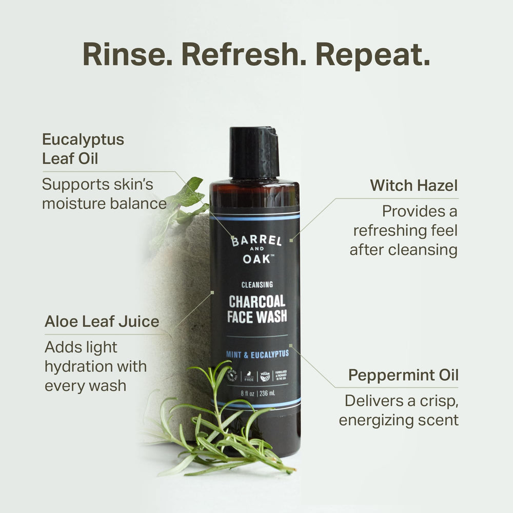 Barrel & Oak daily shower routine scene with mint and charcoal cleanse.