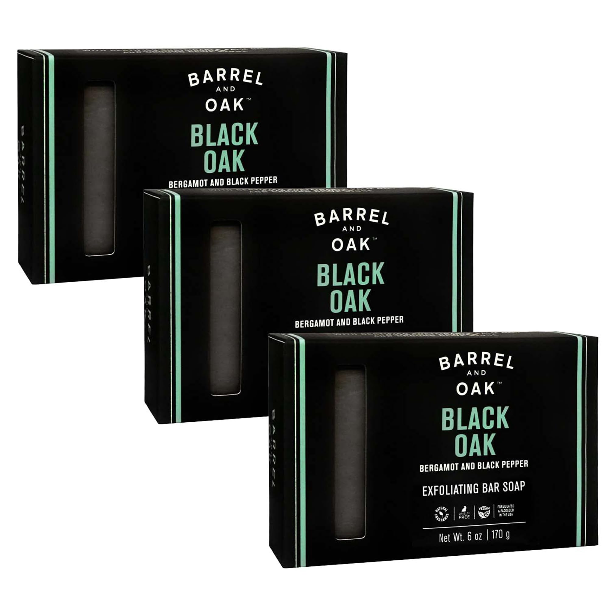 Barrel & Oak Black Oak exfoliating bar soap pack shot highlighting rugged design for men