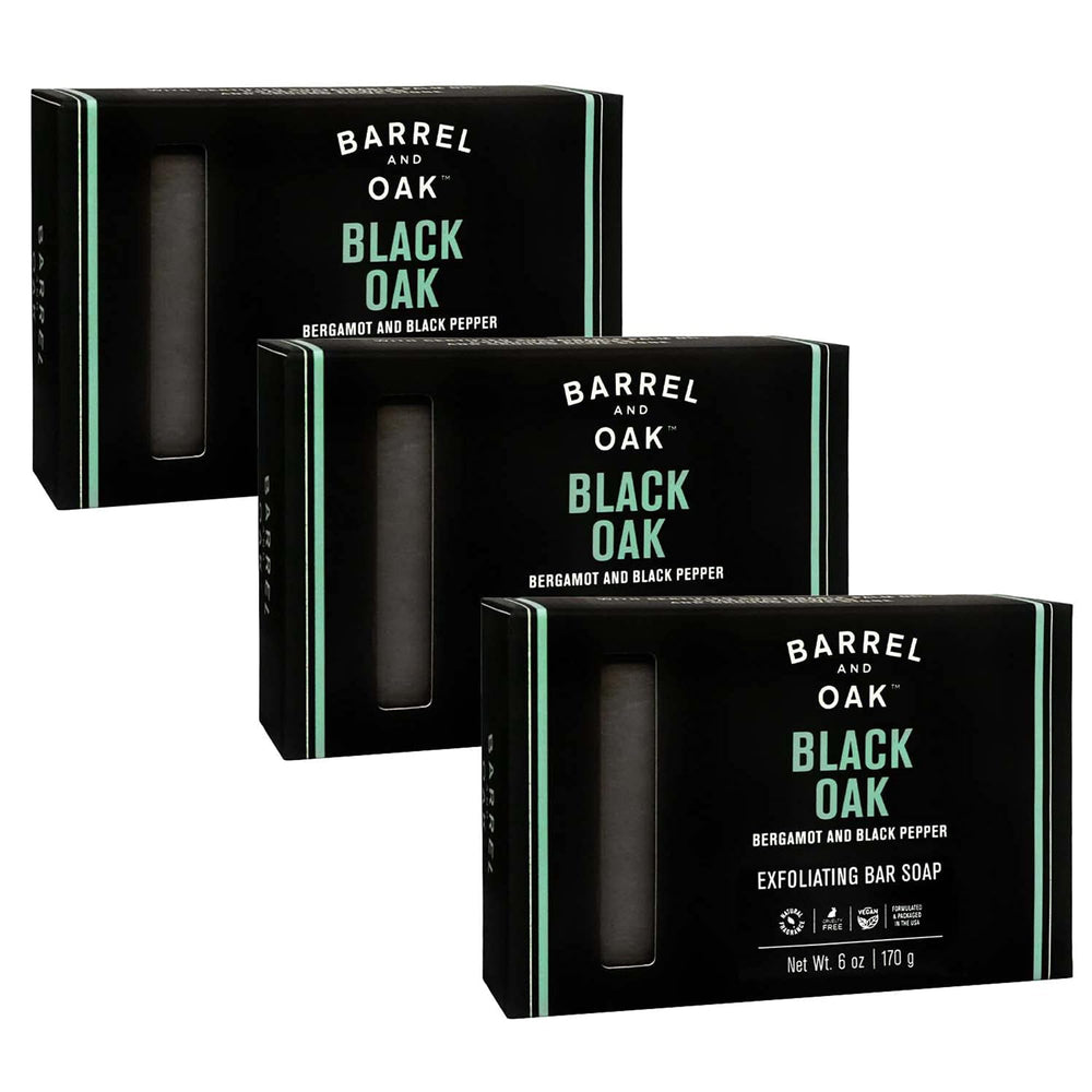 Barrel & Oak Black Oak exfoliating bar soap pack shot highlighting rugged design for men
