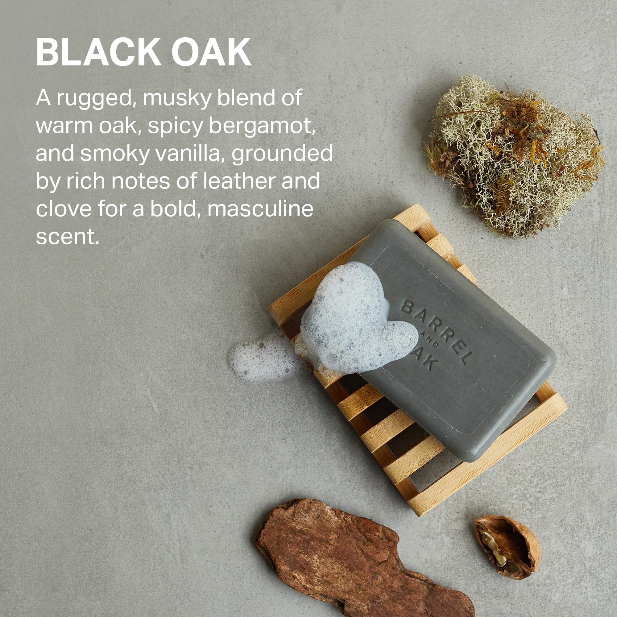 Barrel & Oak masculine scent bottle highlighting warm oak and leather notes