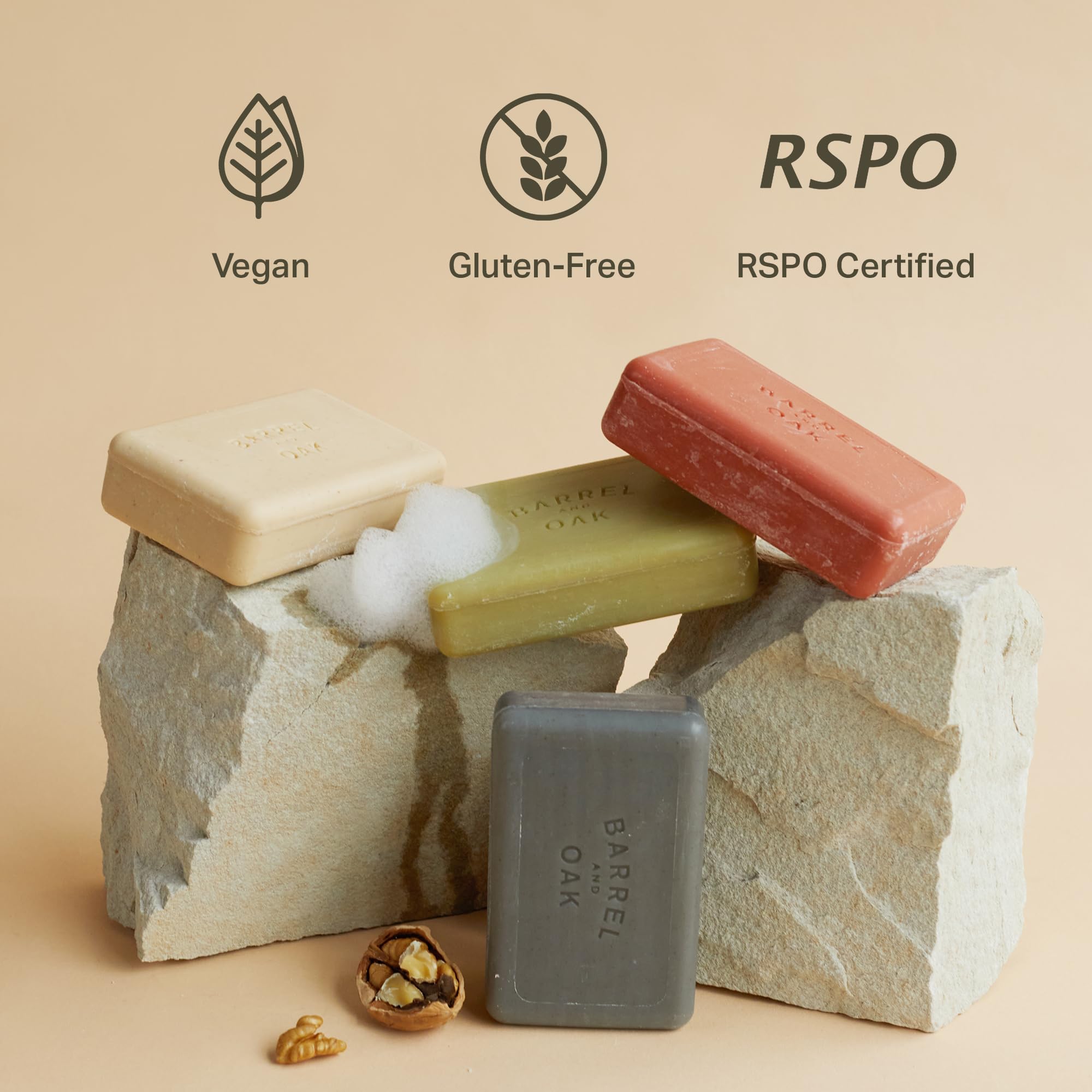 Barrel & Oak olive stone exfoliant closeup illustrating natural texture