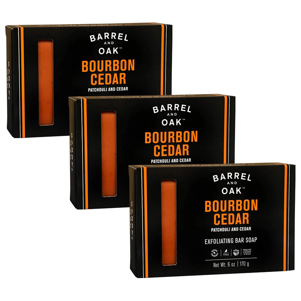Barrel & Oak exfoliating bar soap with olive stone for a refreshing cleanse and gentle exfoliation.