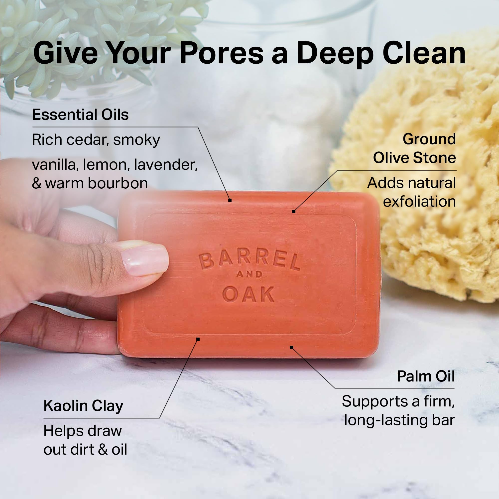 Barrel & Oak exfoliating bar soap featuring red clay for a balanced skin feel.