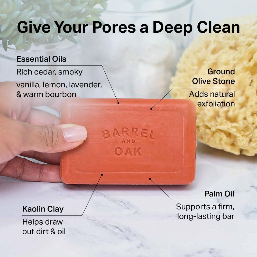 Barrel & Oak exfoliating bar soap featuring red clay for a balanced skin feel.