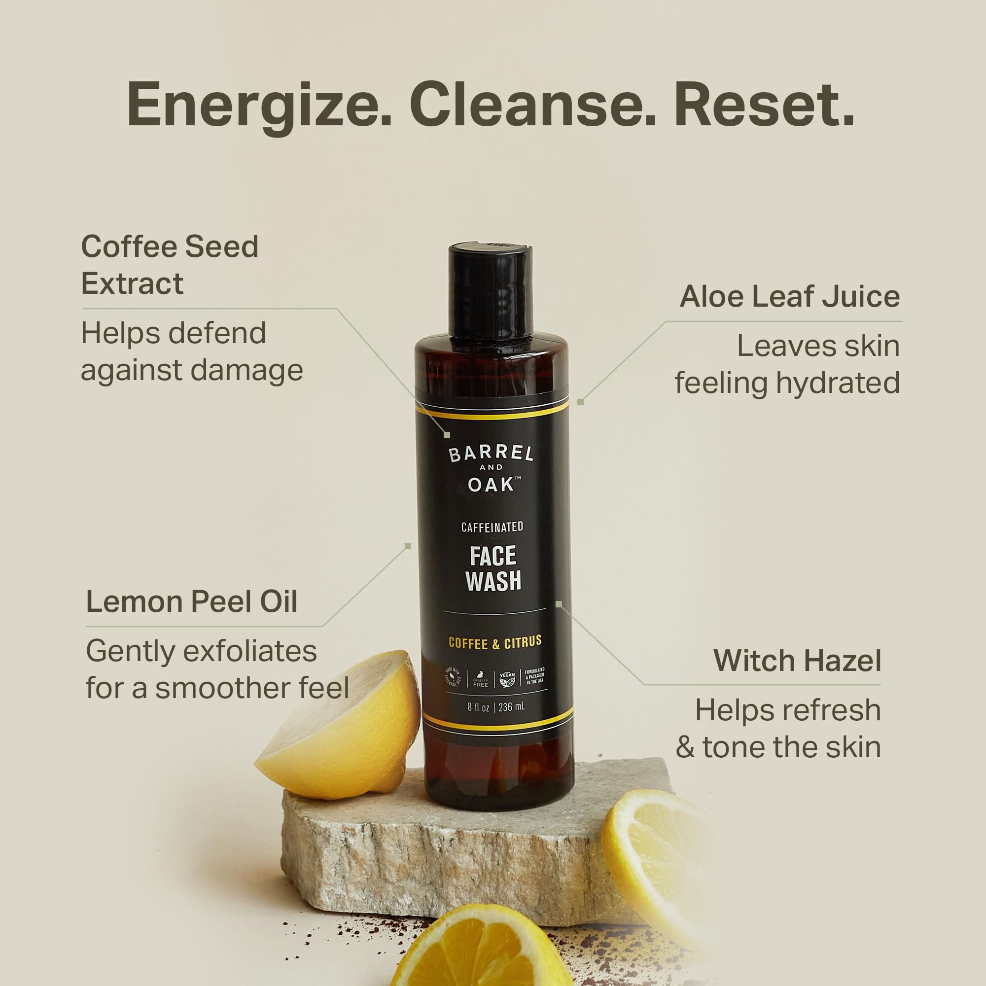 Barrel & Oak face wash closeup shows bold coffee scent