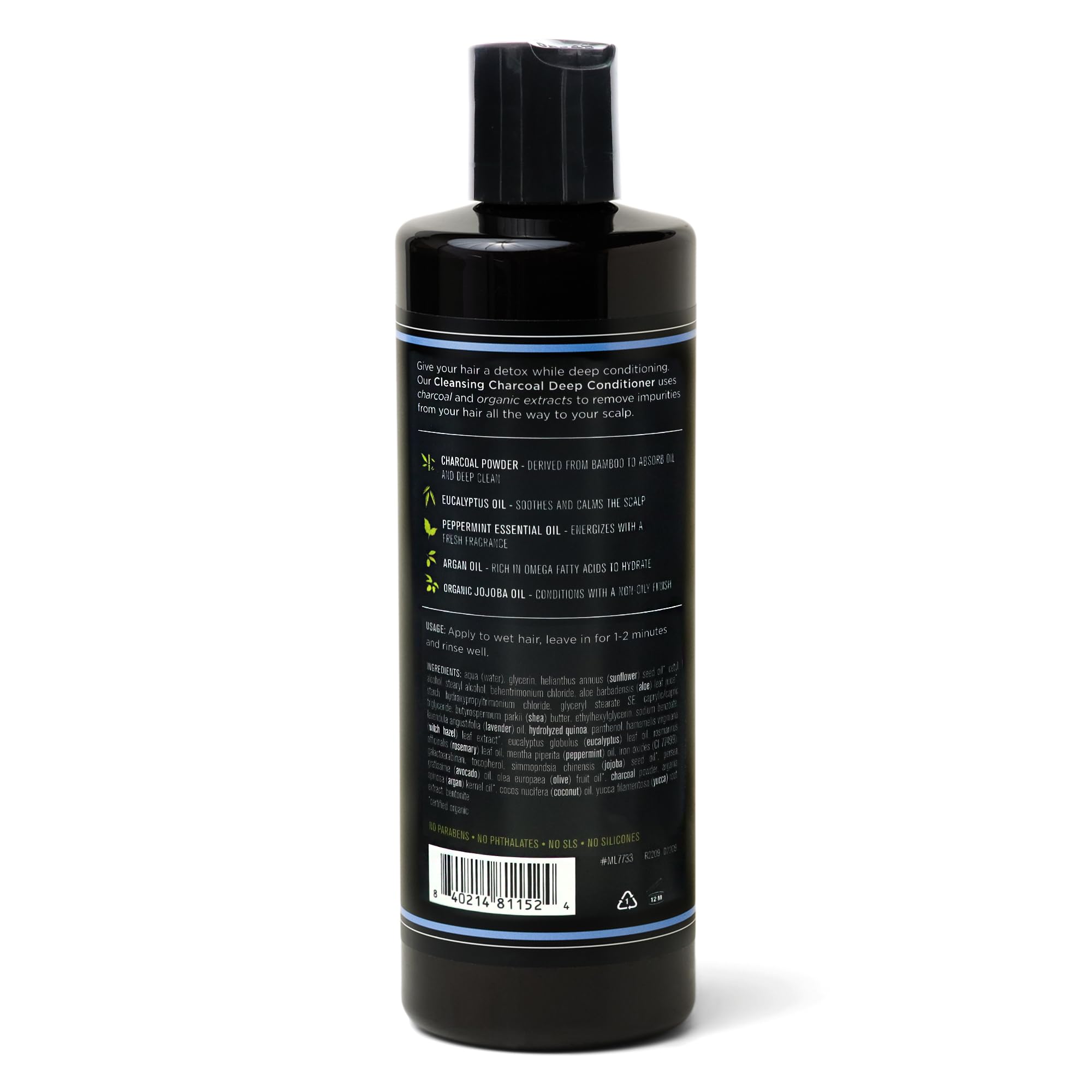 Barrel & Oak Gentlemen's Hardware detoxifying conditioner ingredients close-up featuring charcoal and oils.
