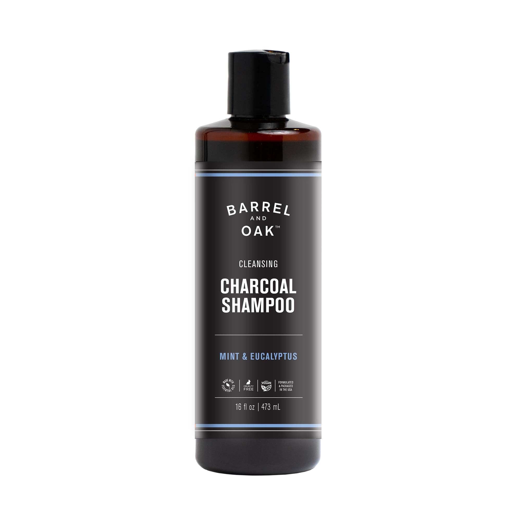 Barrel & Oak mint eucalyptus charcoal shampoo bottle delivering a refreshing cleanse.