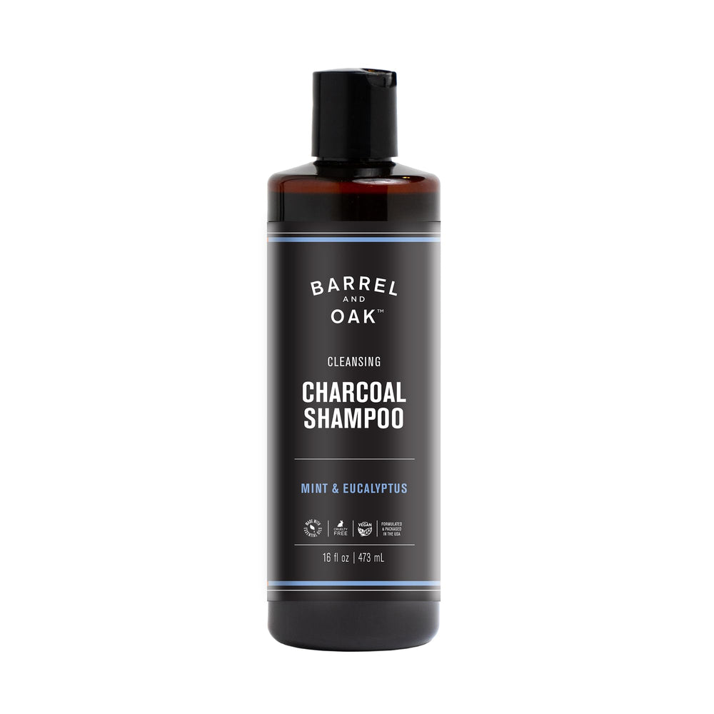 Barrel & Oak mint eucalyptus charcoal shampoo bottle delivering a refreshing cleanse.