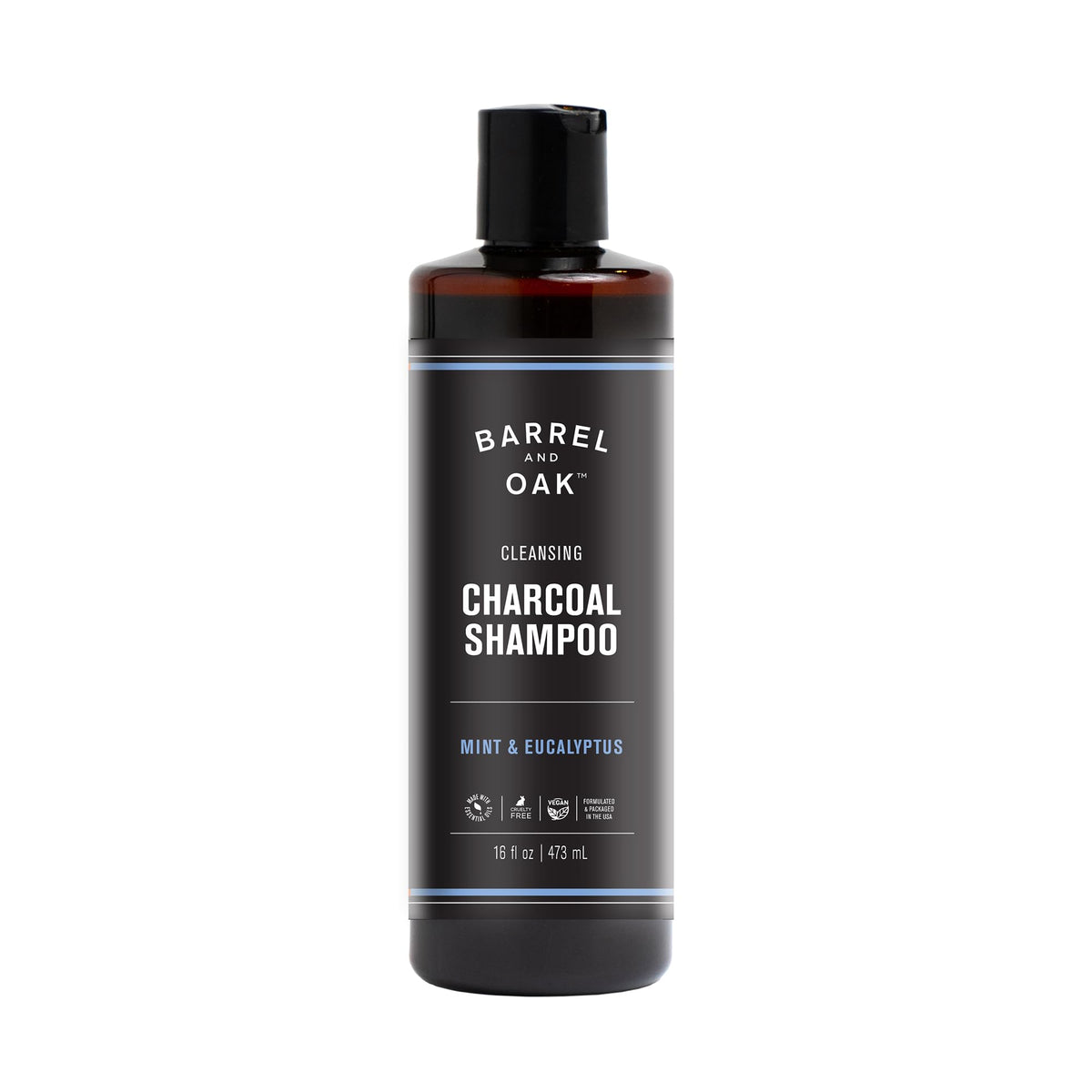 Barrel & Oak mint eucalyptus charcoal shampoo bottle delivering a refreshing cleanse.