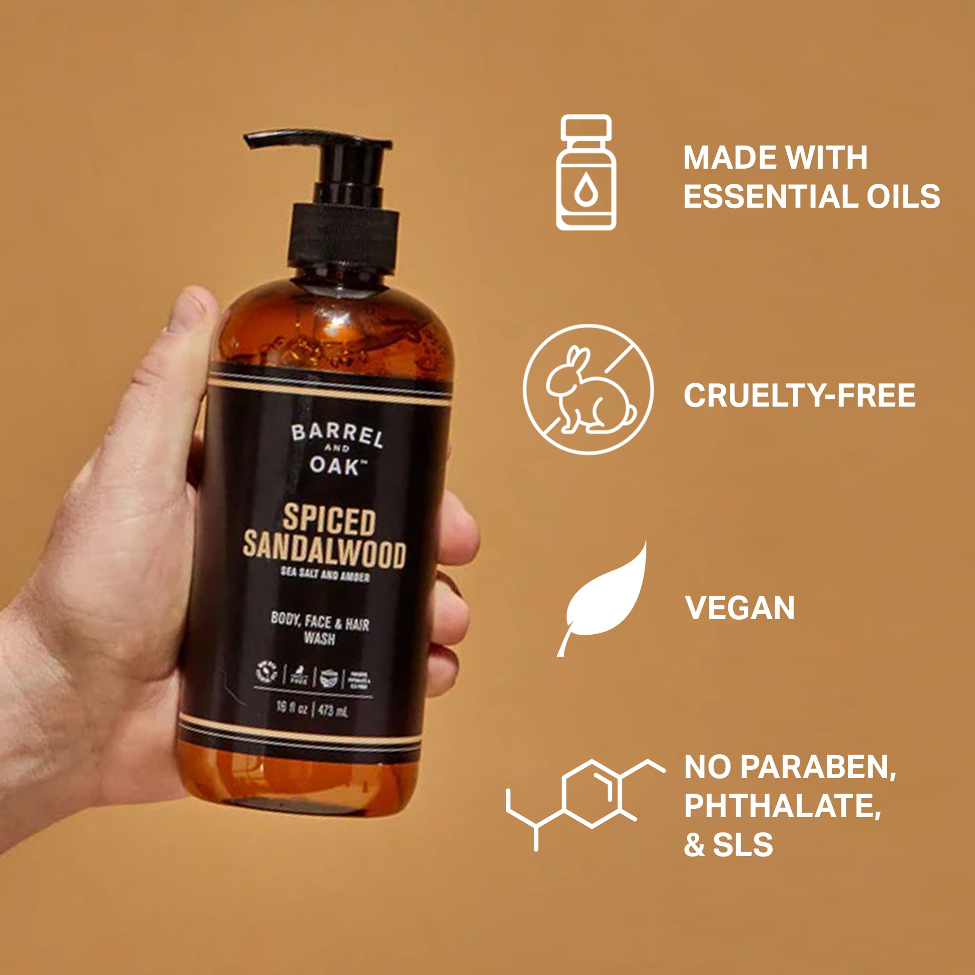 Shower-ready amber bottle with sea salt and sandalwood notes for daily cleanse.