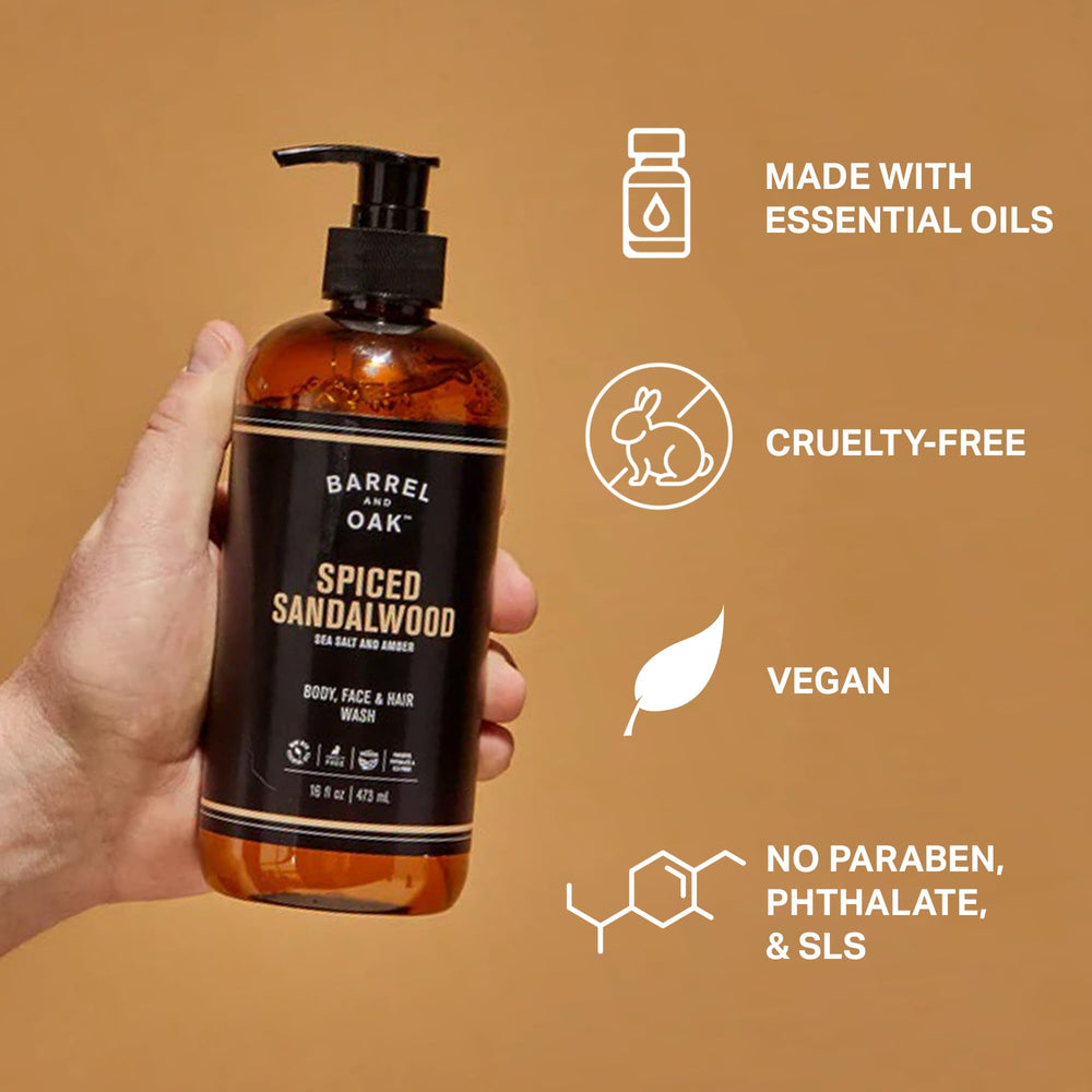 Shower-ready amber bottle with sea salt and sandalwood notes for daily cleanse.