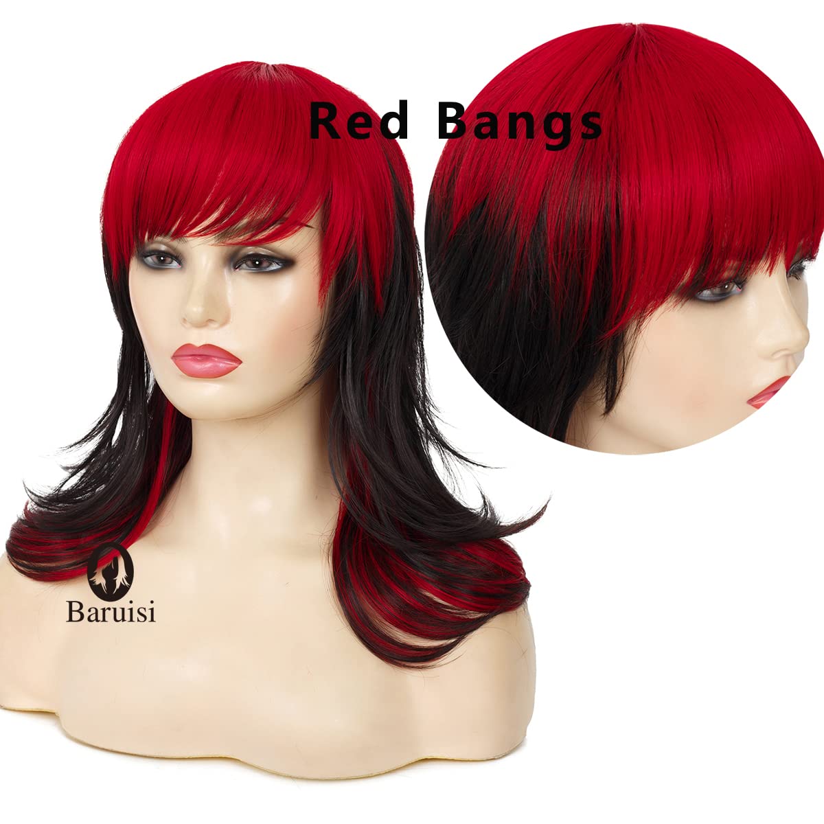 Baruisi black red wig, close-up of heat-resistant fibers with a natural shine.