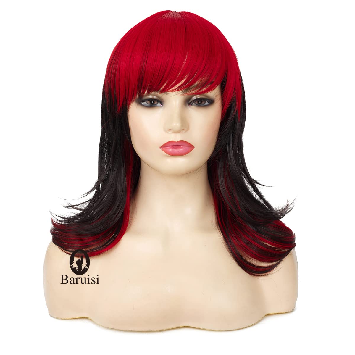 Baruisi black red wig, layered shaggy bangs, adds textured movement for parties.