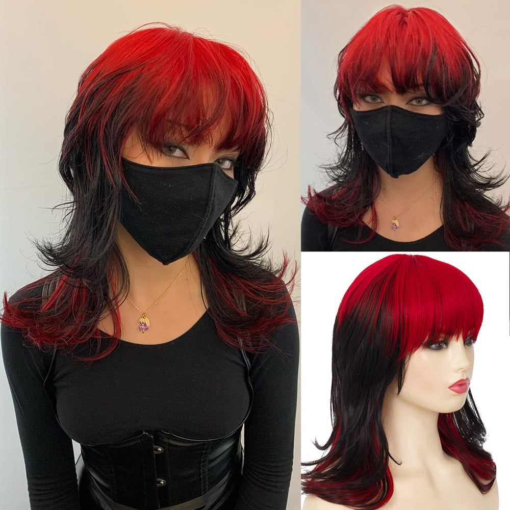 Baruisi black red wig, shoulder-length front view, ideal for cosplay and daily wear.