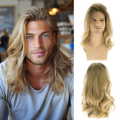 Baruisi long blonde wig for men, front view, natural daily wear look.