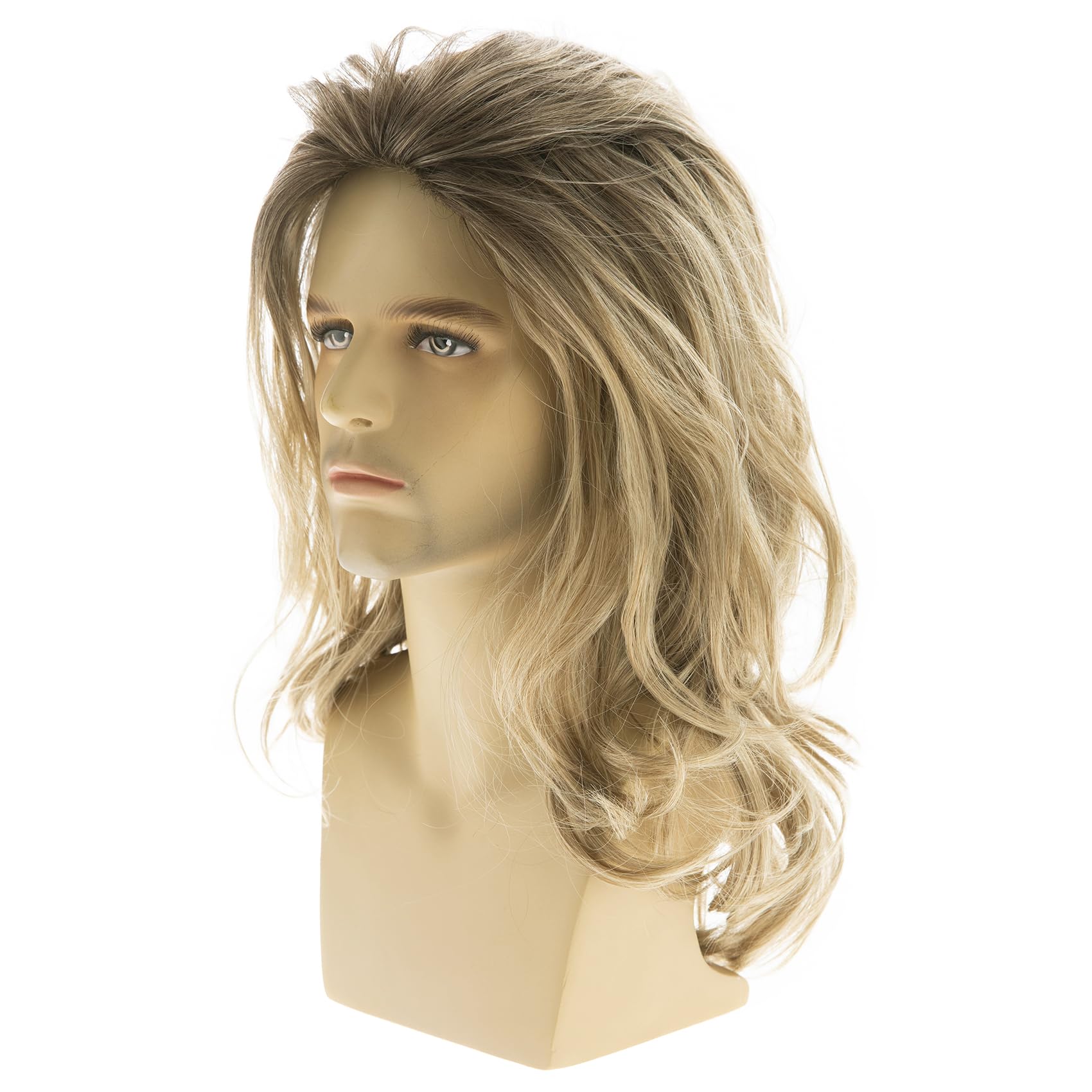 Baruisi wavy blonde wig for men, back view, full-bodied waves and volume.