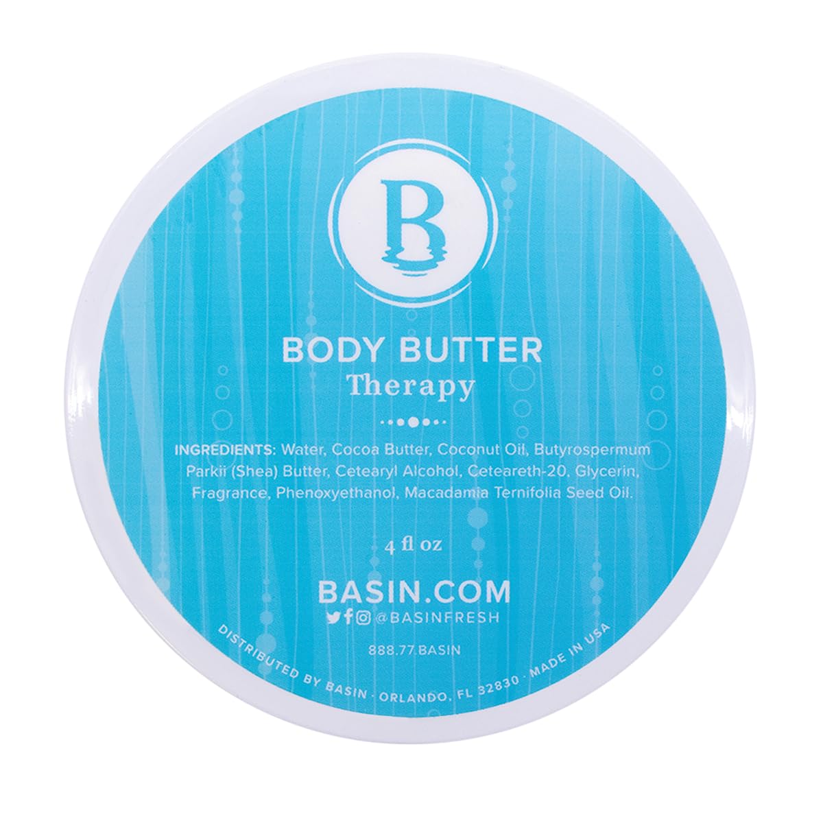 Basin Therapy Body Butter jar with plumeria scent delivering lasting hydration.