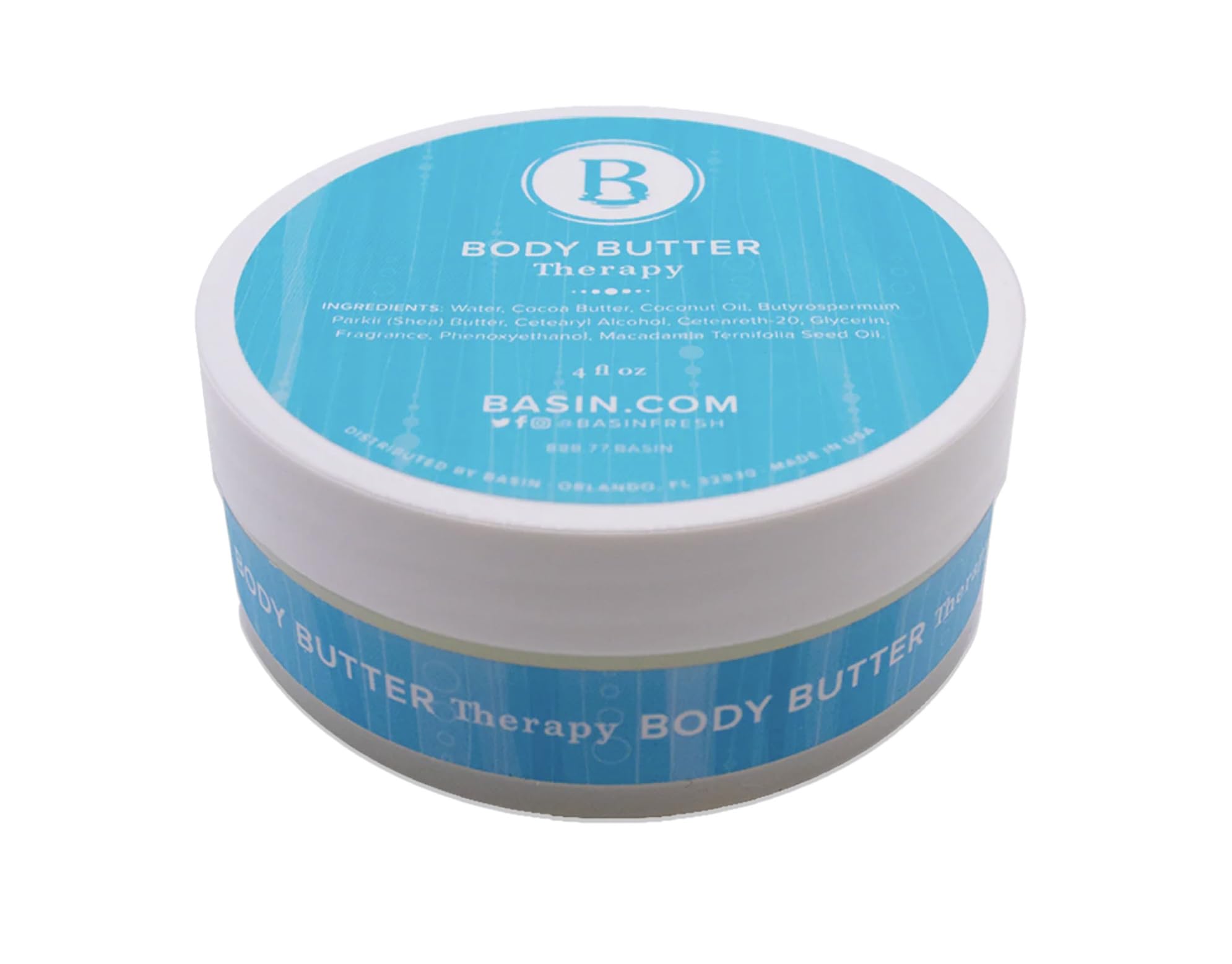Basin Therapy Body Butter jar showcases velvety texture for smoothing dry skin.