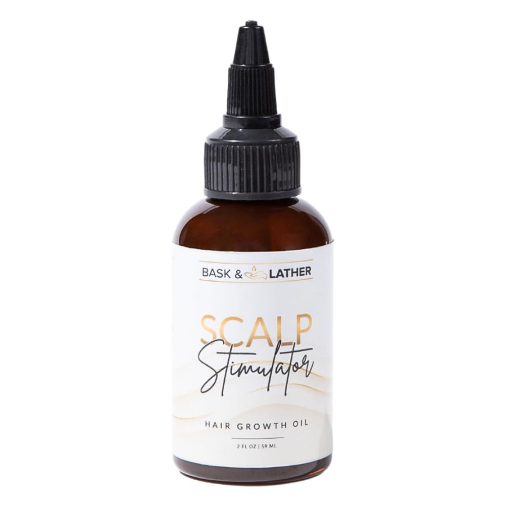 Bask & Lather Scalp Stimulator bottle with mint and rosemary for energizing scalp care.