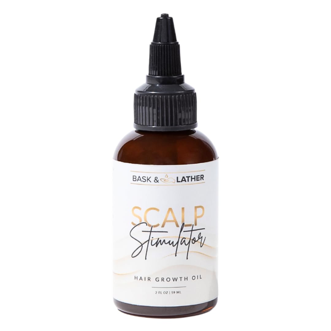 Bask & Lather Scalp Stimulator bottle with mint and rosemary for energizing scalp care.