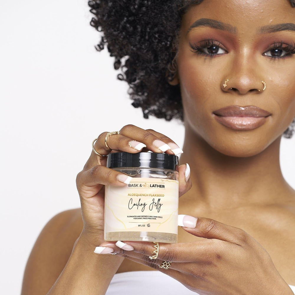 Bask & Lather Aloequench flaxseed-oil-detail highlights nourishing flaxseed for stronger strands.