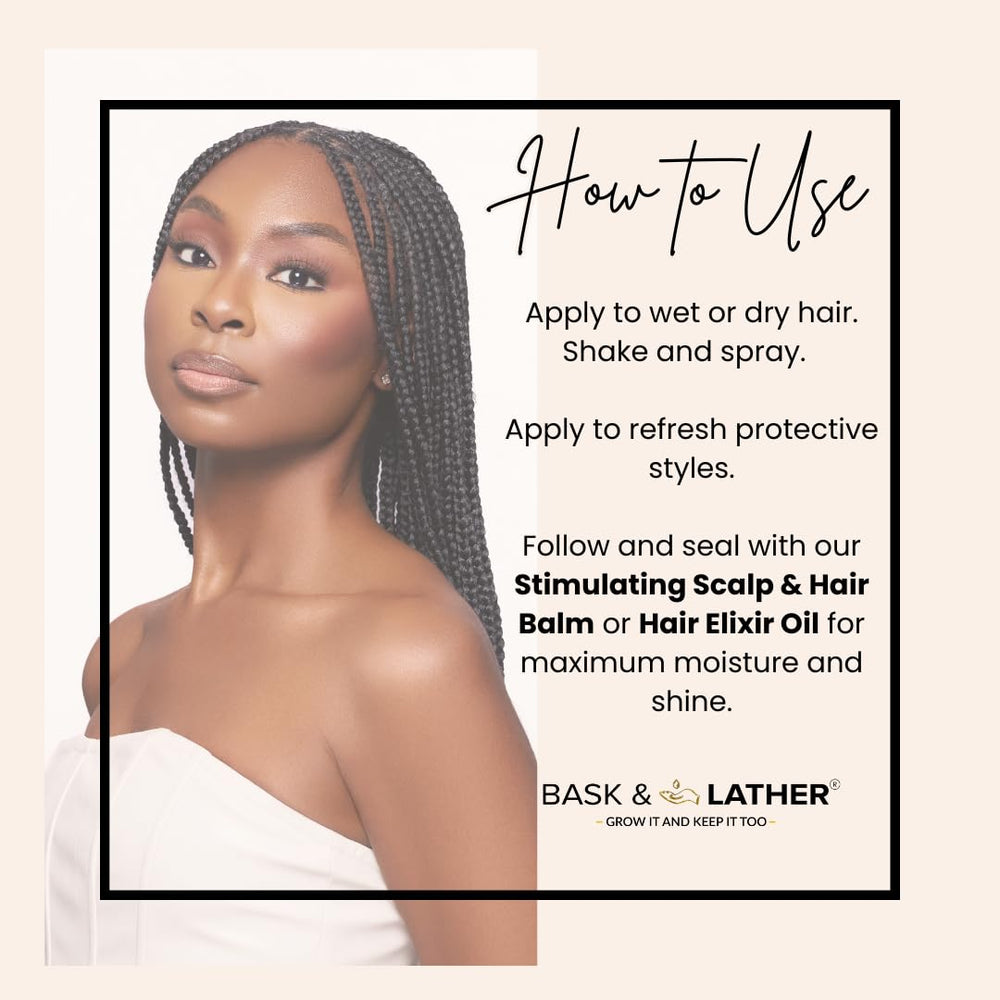 BASK & LATHER Hydrating Hair Mist eight-oz bottle—versatile styling support.