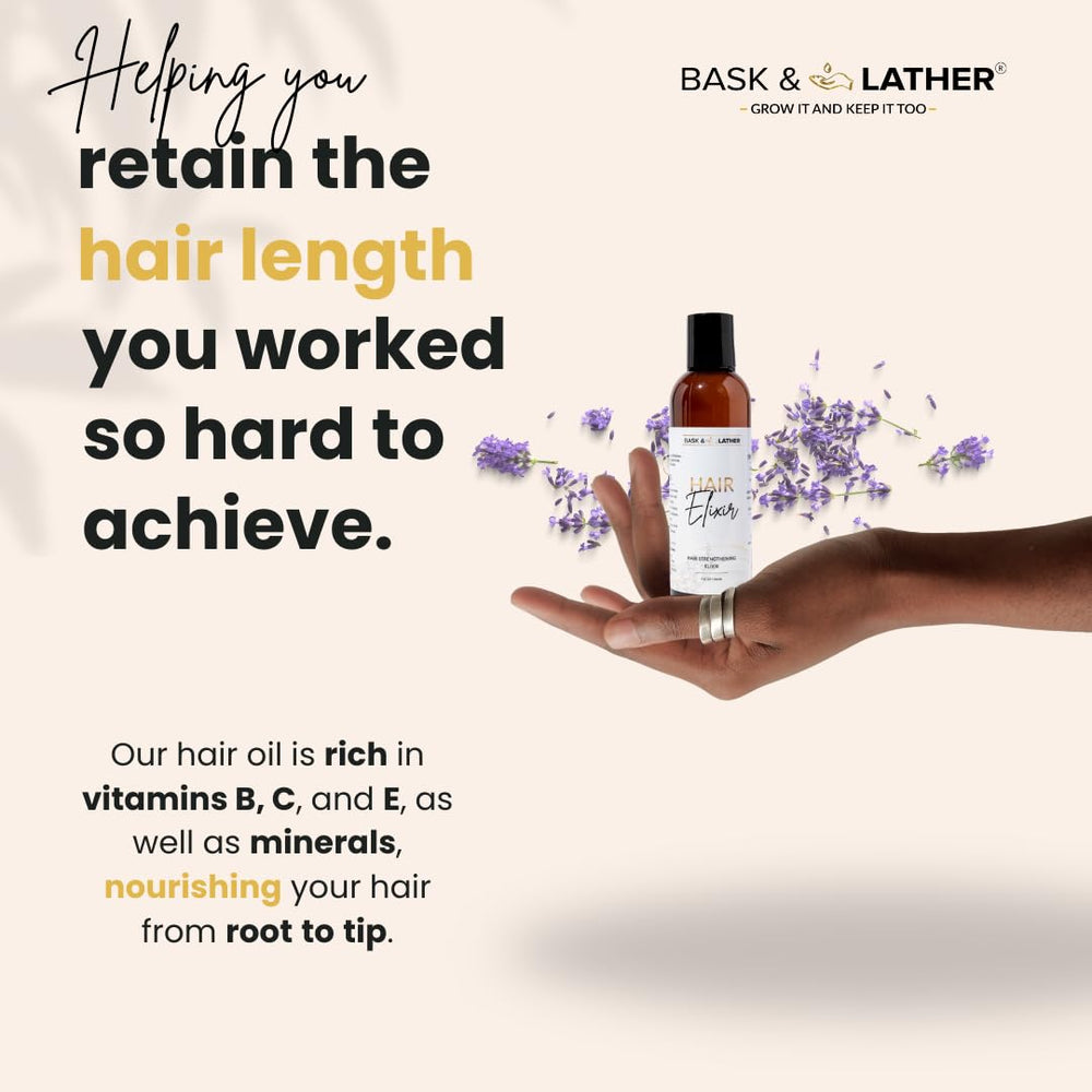 Bask & Lather Elixir after styling shows frizz-control and volume