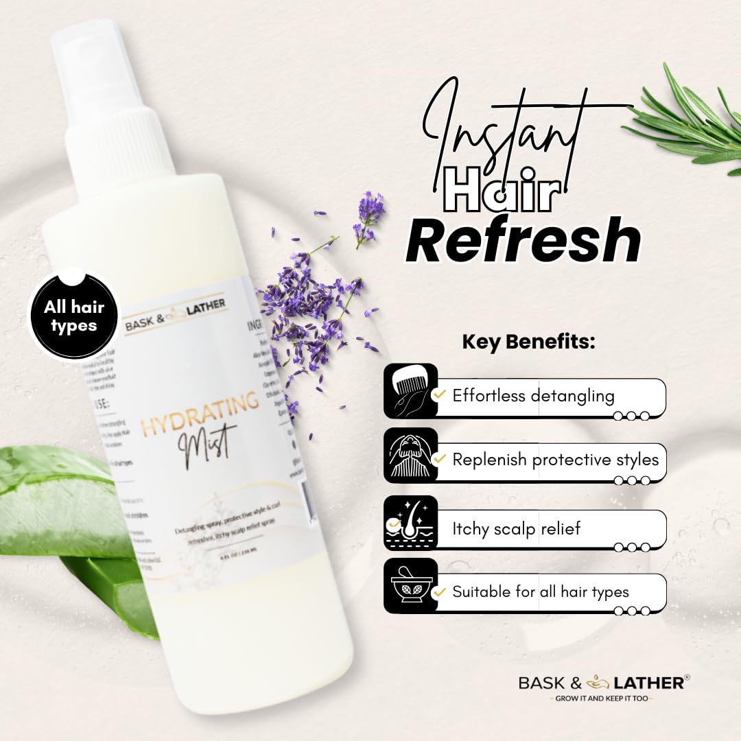 BASK & LATHER Hydrating Hair Mist application spray—instant refresh for curls and styles.