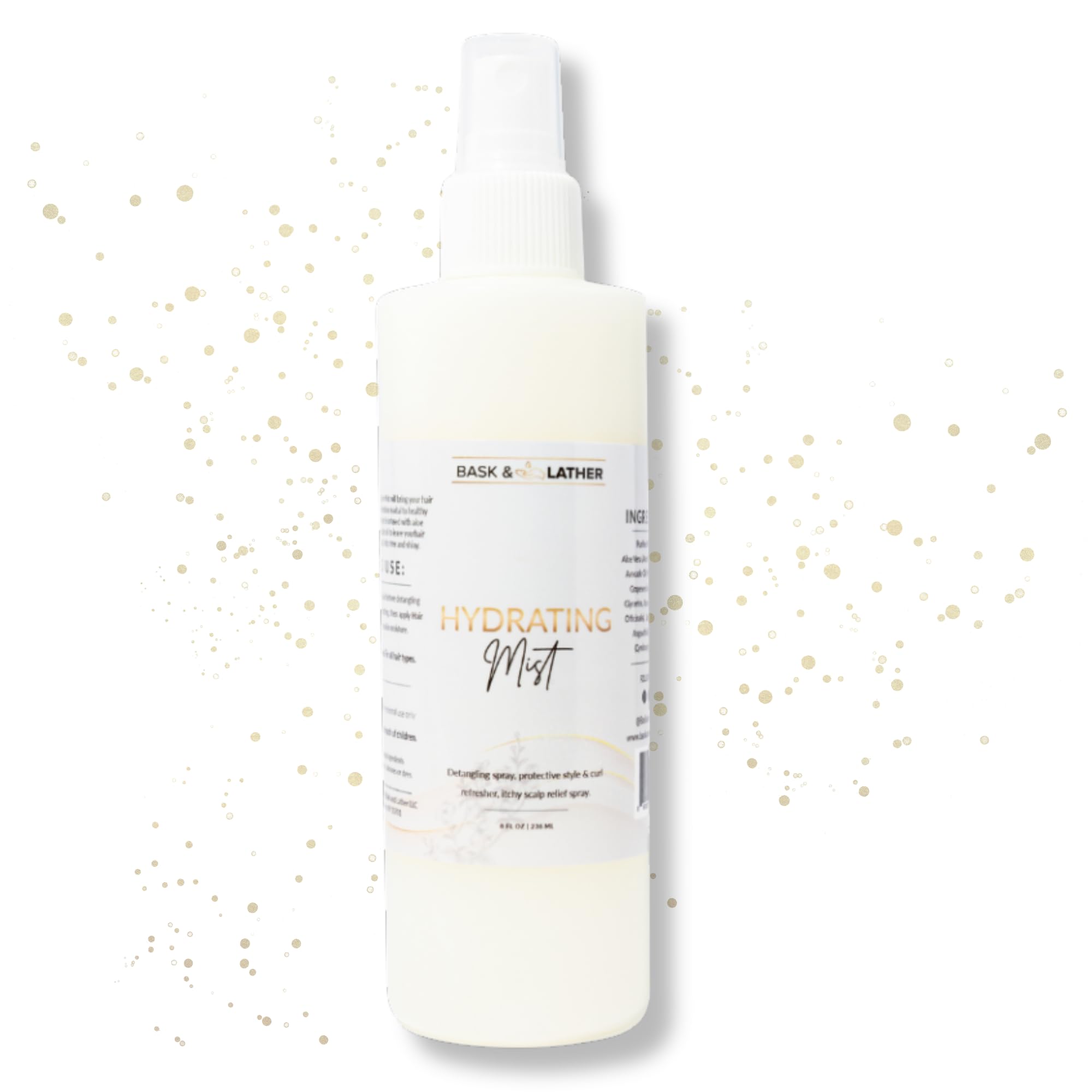 BASK & LATHER Hydrating Hair Mist bottle—easy detangling for a quick, frizz-free refresh.