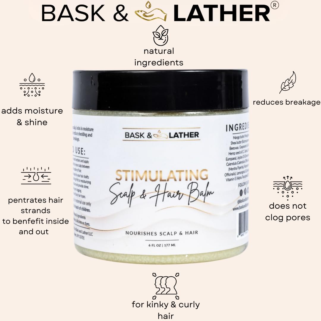 Bask & Lather Stimulating Scalp Balm application, smooths strands and hydrates
