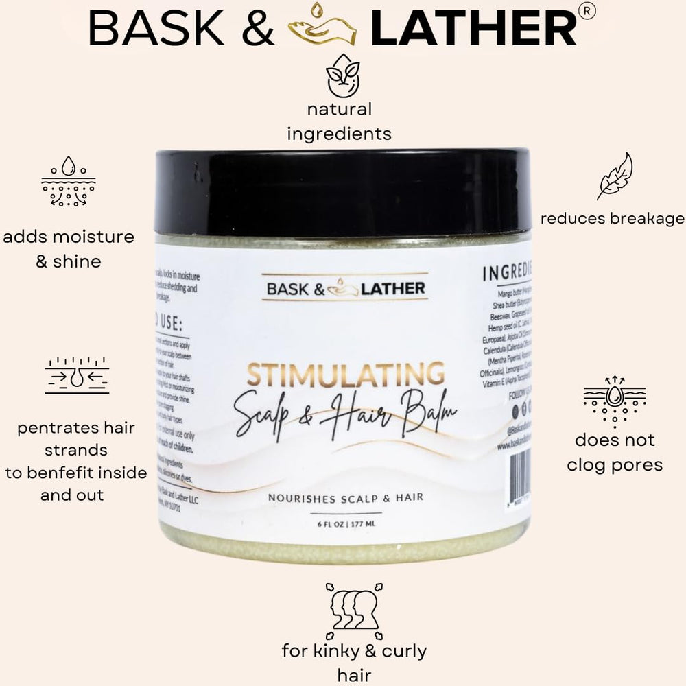 Bask & Lather Stimulating Scalp Balm application, smooths strands and hydrates