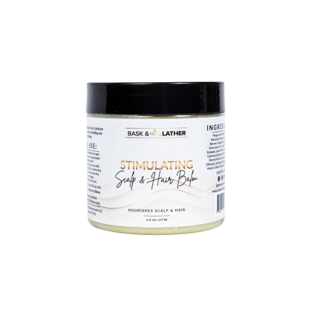 Bask & Lather Stimulating Scalp Balm jar, rich texture for scalp nourishment