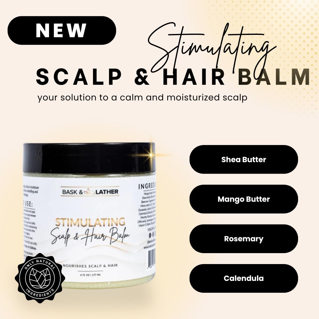 Bask & Lather Stimulating Scalp Balm packaging highlights natural ingredients