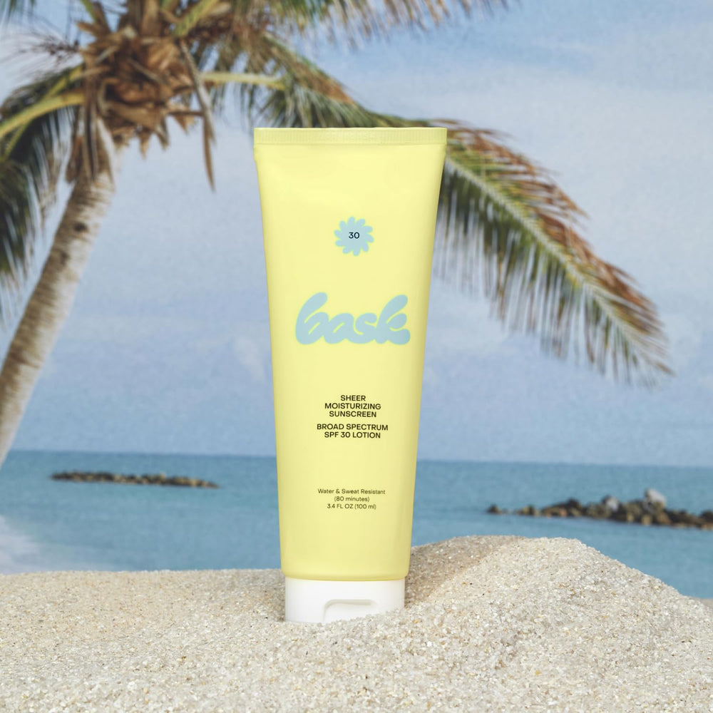 Bask Suncare SPF30 dispense-action showing easy application and quick absorption