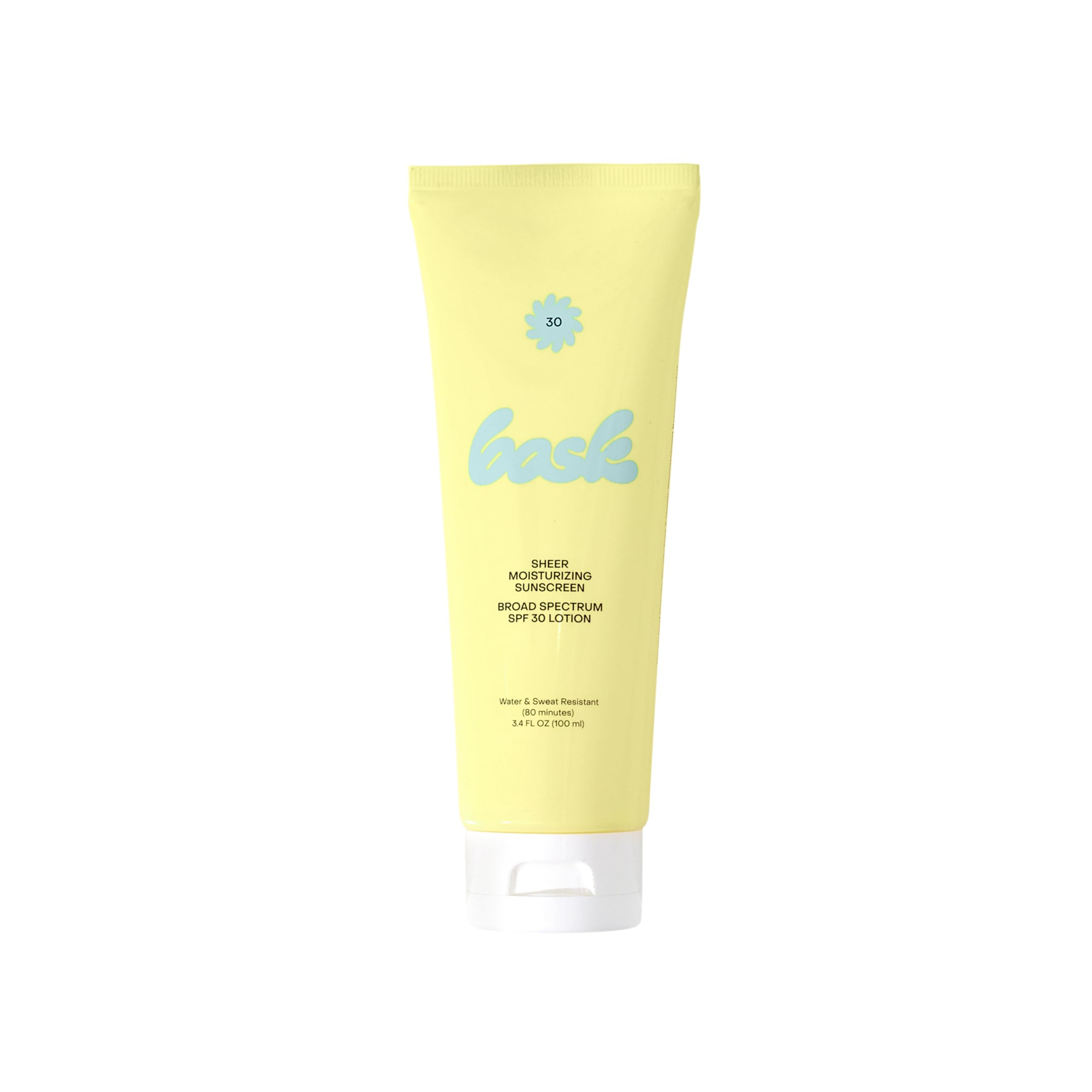 Bask Suncare SPF30 packshot highlighting a lightweight, non-greasy sunscreen for daily use