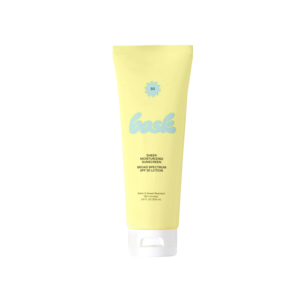 Bask Suncare SPF30 packshot highlighting a lightweight, non-greasy sunscreen for daily use