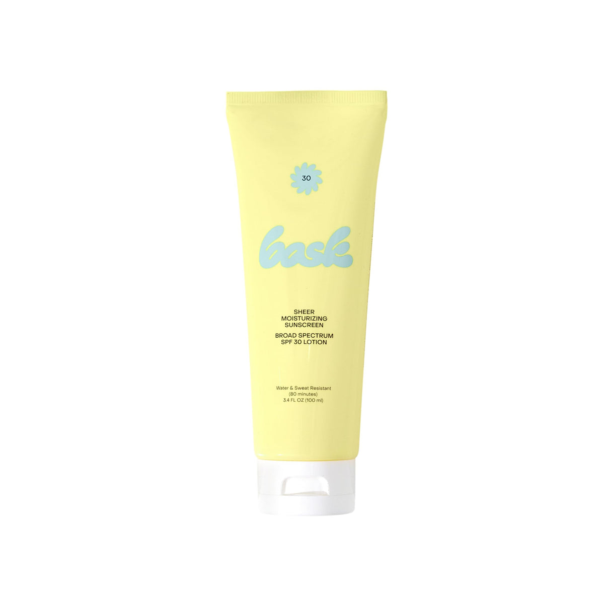 Bask Suncare SPF30 packshot highlighting a lightweight, non-greasy sunscreen for daily use