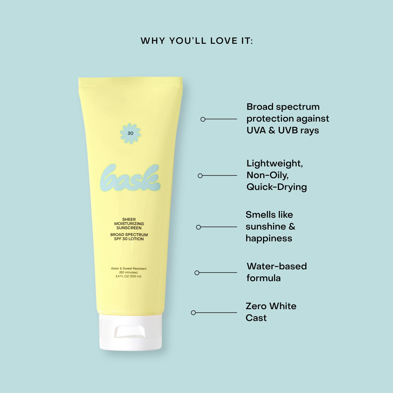 Bask Suncare SPF30 texture close-up emphasizes smooth, non-sticky finish