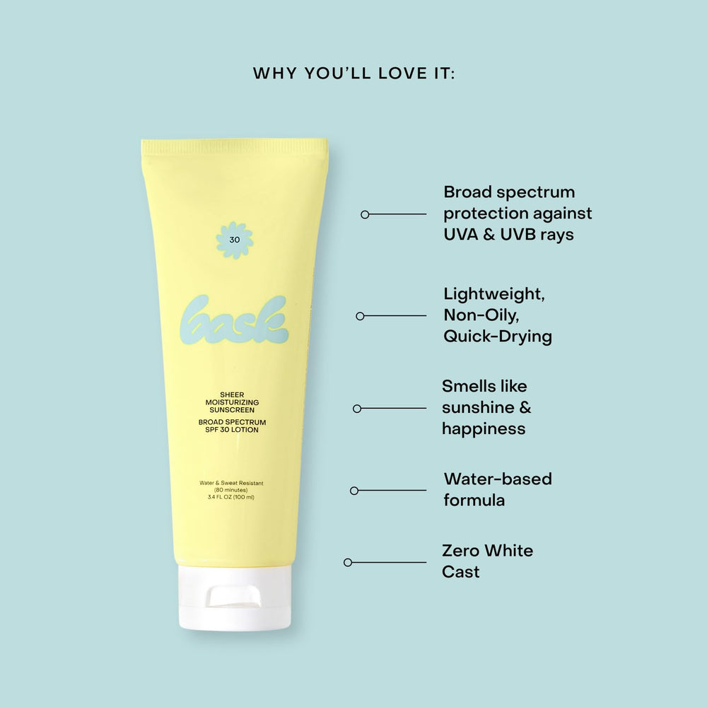 Bask Suncare SPF30 texture close-up emphasizes smooth, non-sticky finish