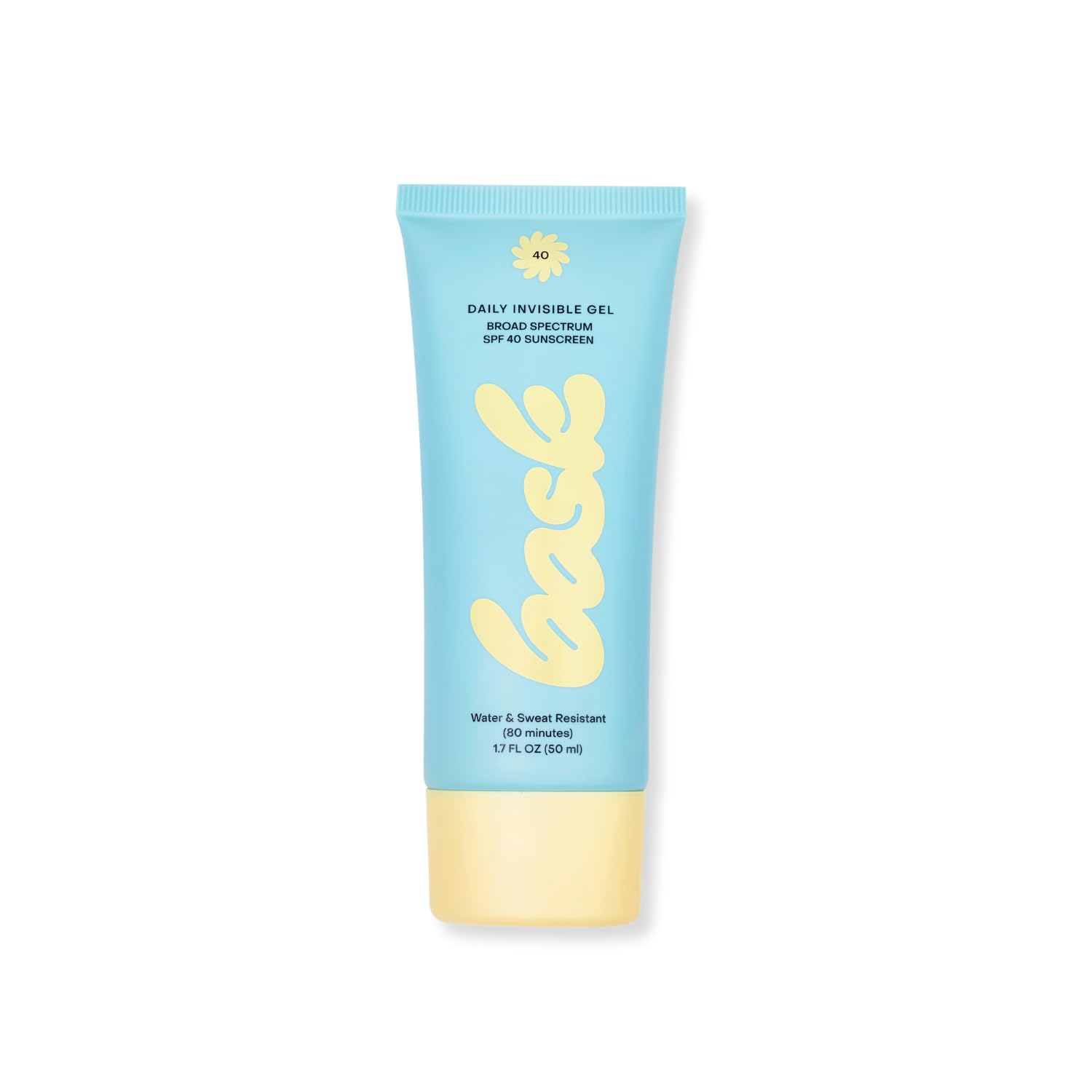 Bask Suncare SPF 40 daily gel bottle showing lightweight, fragrance-free formula.